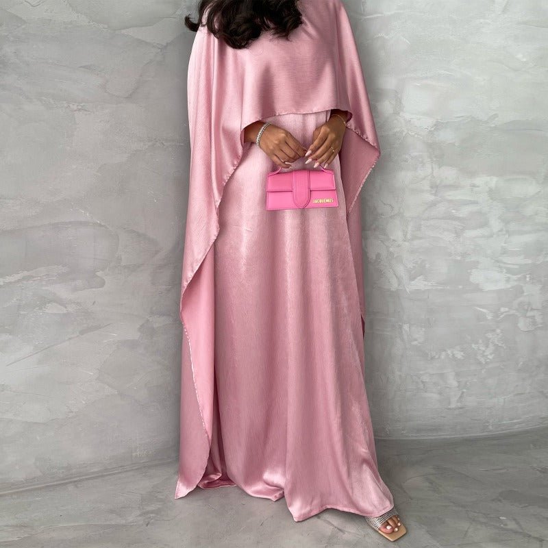Elegant Royal Satin Abaya Dress | Modest Cape Sleeve Maxi Robe with Luxurious Draping(MA289) - Mariam's Collection