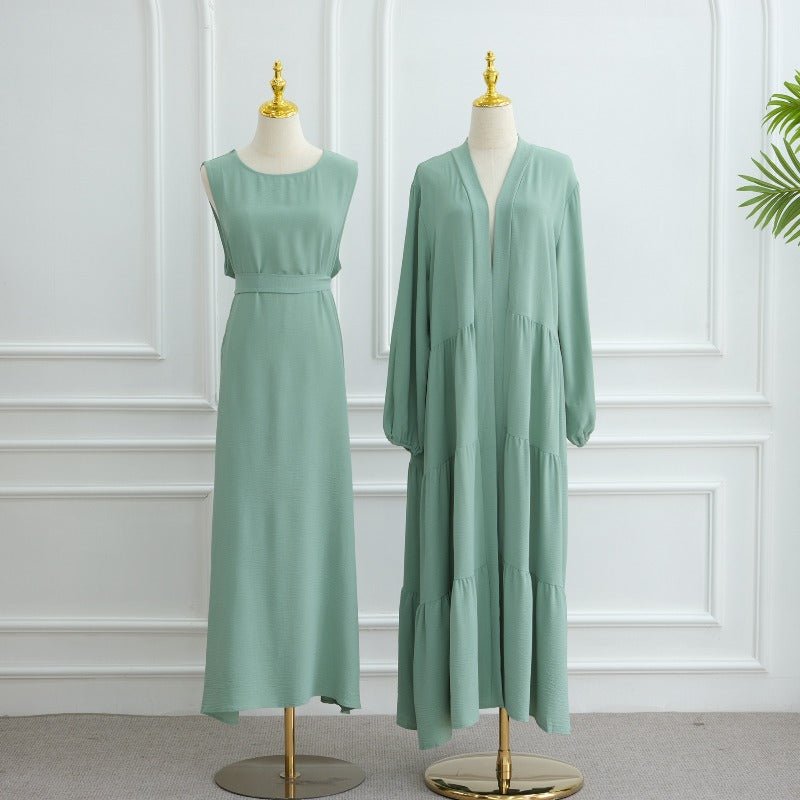 Elegant Ruffle Trim Three - Piece Set | Sleeveless Inner Top Cardigan & Belt(MOA241) - Mariam's Collection