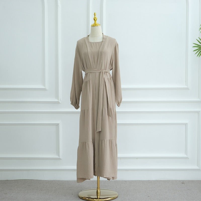 Elegant Ruffle Trim Three - Piece Set | Sleeveless Inner Top Cardigan & Belt(MOA241) - Mariam's Collection