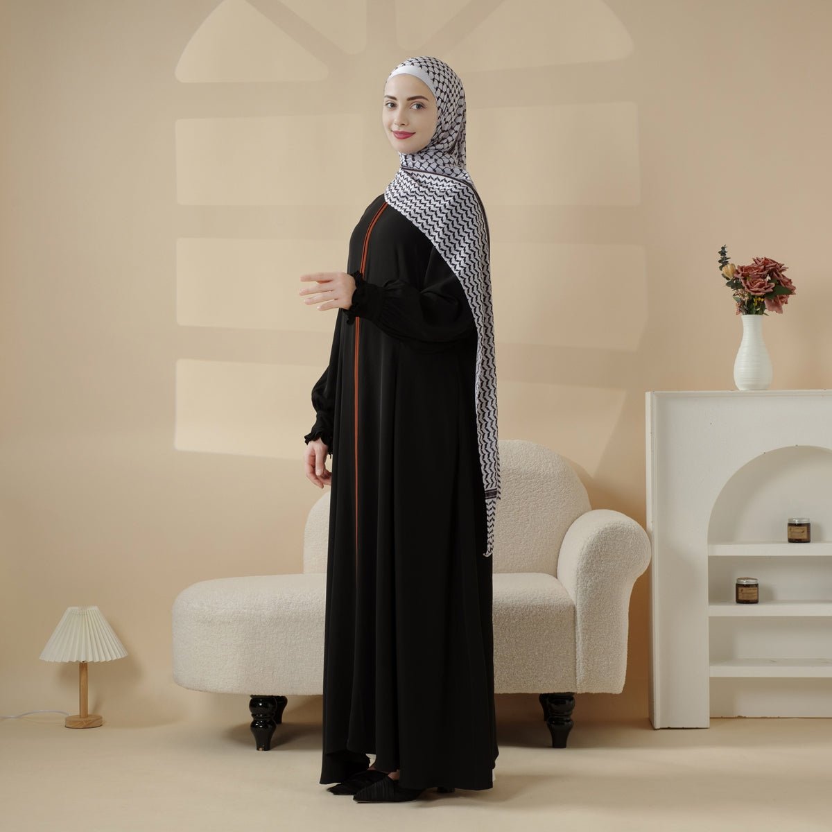 Elegant Ruffled Cuff Maxi Dress Modest Pullover Abaya with Palestinian Embroidery (MA141) - Mariam's Collection