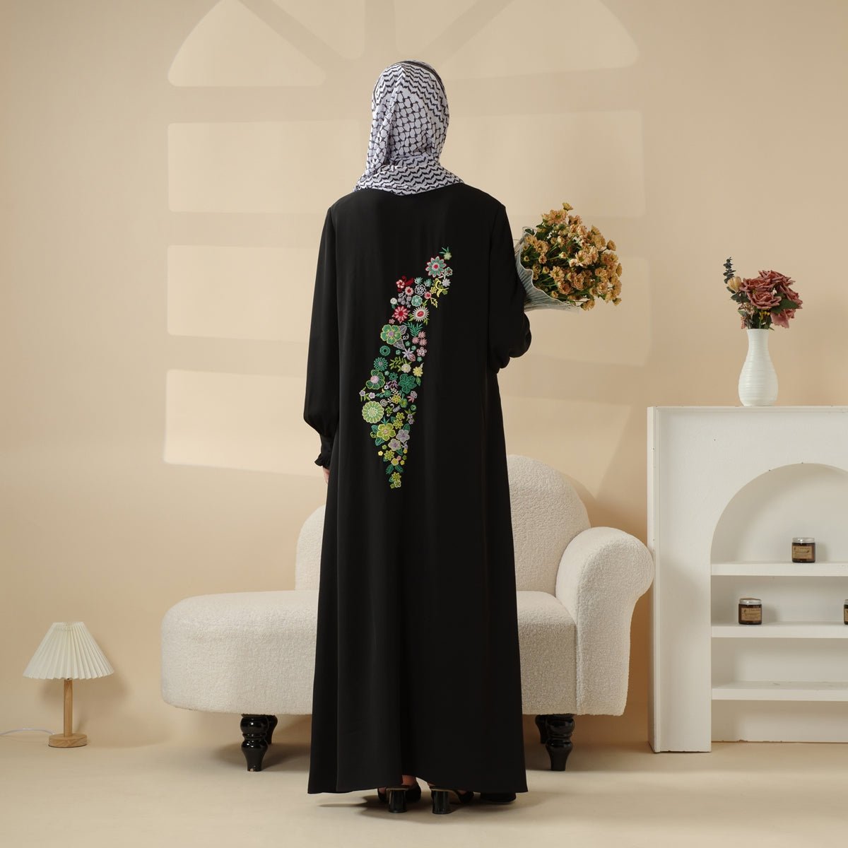 Elegant Ruffled Cuff Maxi Dress Modest Pullover Abaya with Palestinian Embroidery (MA141) - Mariam's Collection