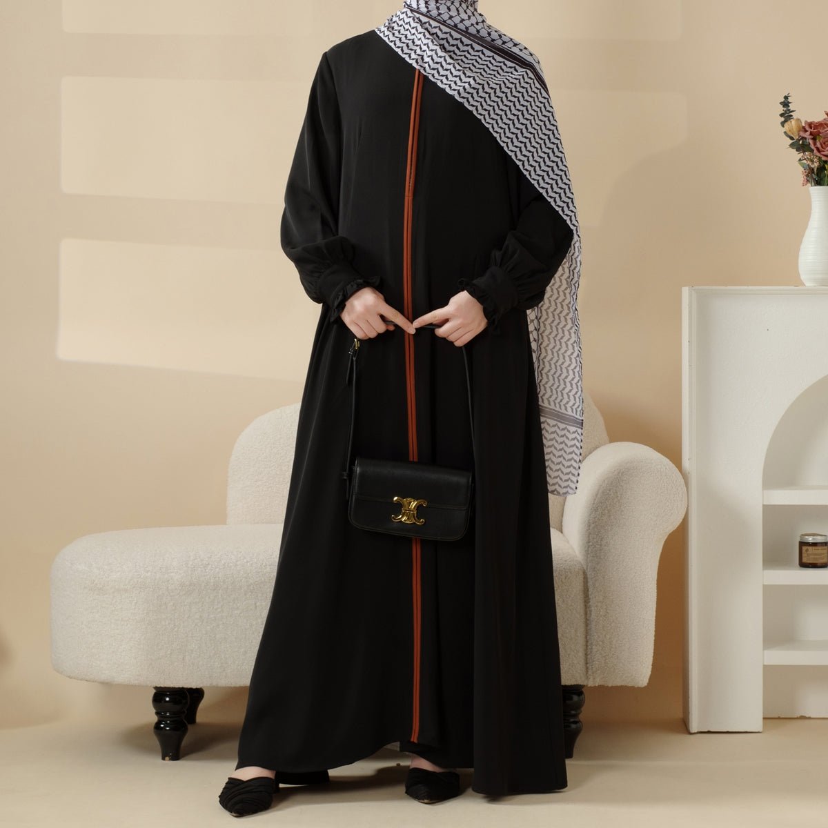 Elegant Ruffled Cuff Maxi Dress Modest Pullover Abaya with Palestinian Embroidery (MA141) - Mariam's Collection