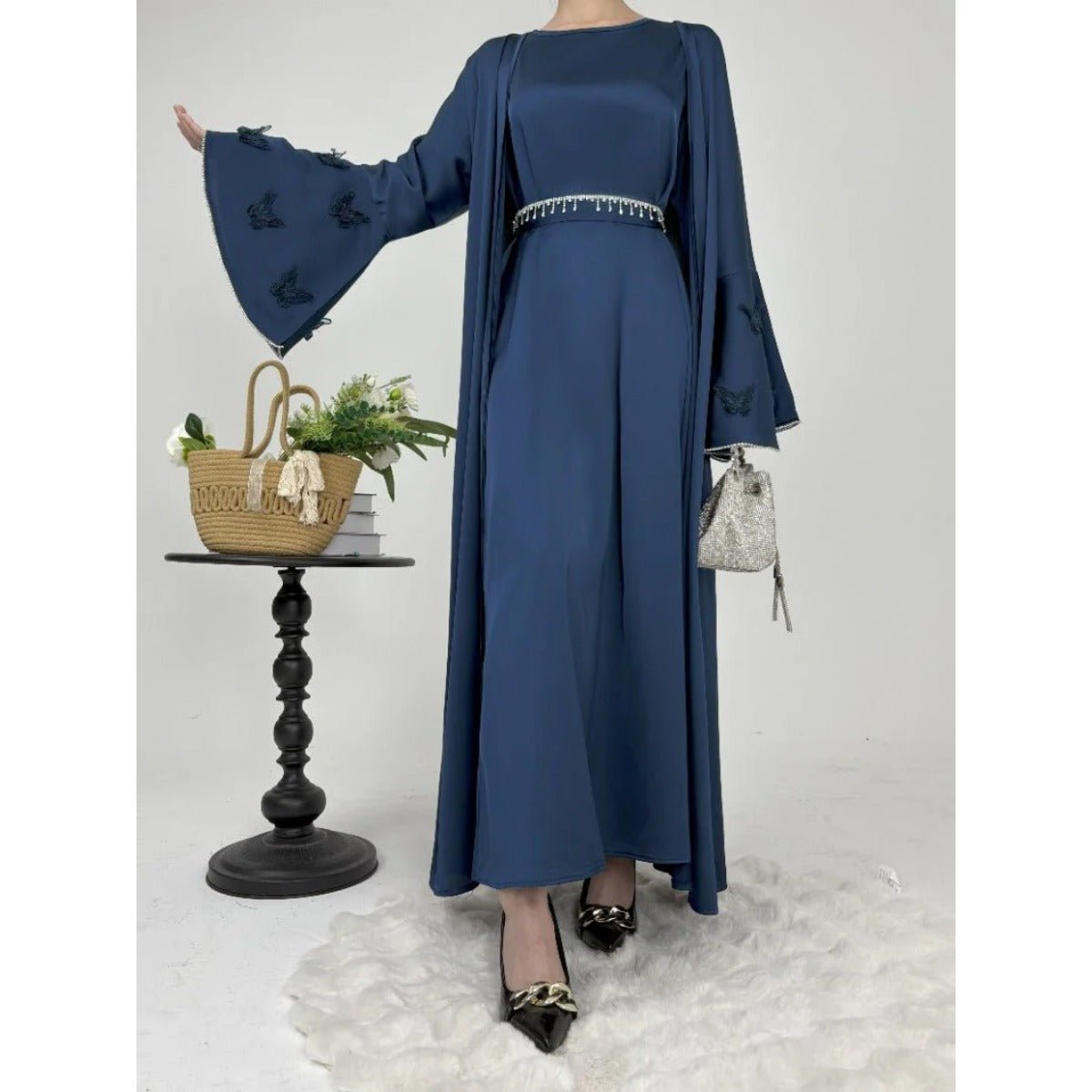 Elegant Satin Abaya, Flared Sleeve Abaya 3 - Piece Set (MOA143) - Mariam's Collection