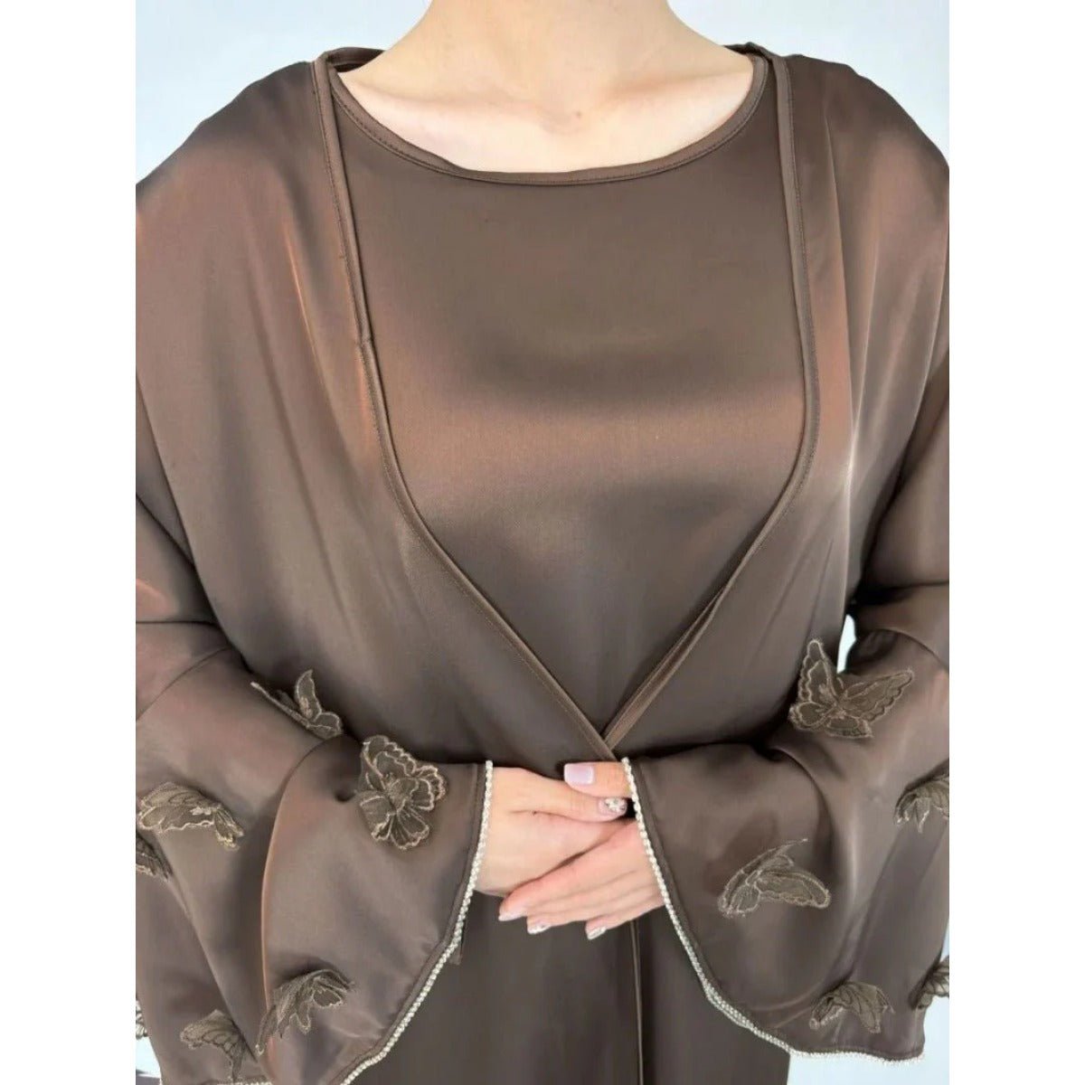 Elegant Satin Abaya, Flared Sleeve Abaya 3 - Piece Set (MOA143) - Mariam's Collection