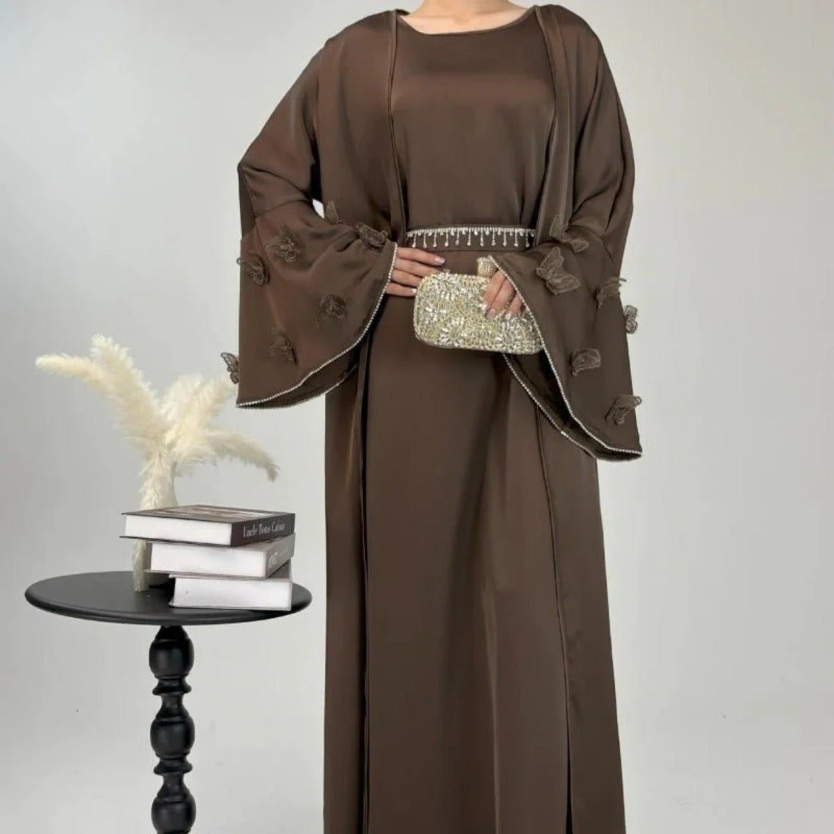 Elegant Satin Abaya, Flared Sleeve Abaya 3 - Piece Set (MOA143) - Mariam's Collection