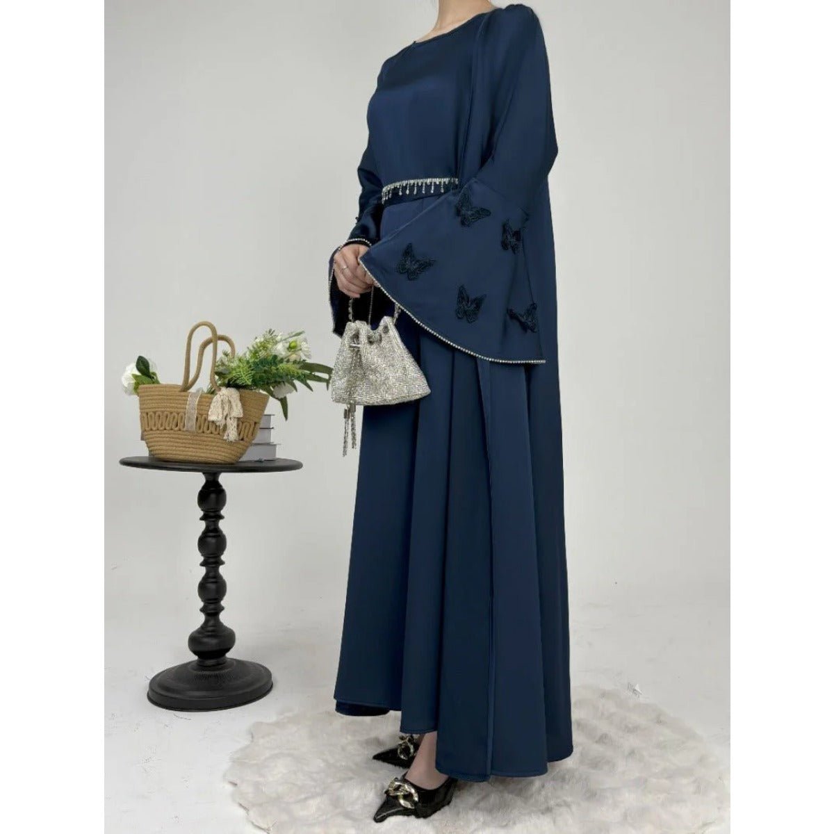 Elegant Satin Abaya, Flared Sleeve Abaya 3 - Piece Set (MOA143) - Mariam's Collection