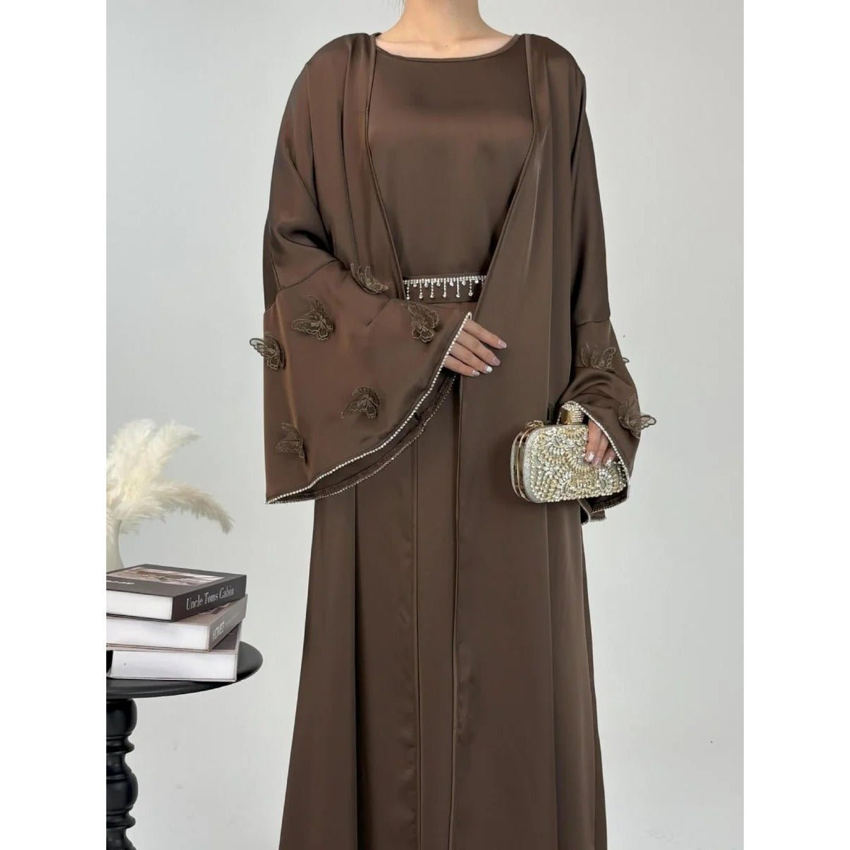 Elegant Satin Abaya, Flared Sleeve Abaya 3 - Piece Set (MOA143) - Mariam's Collection