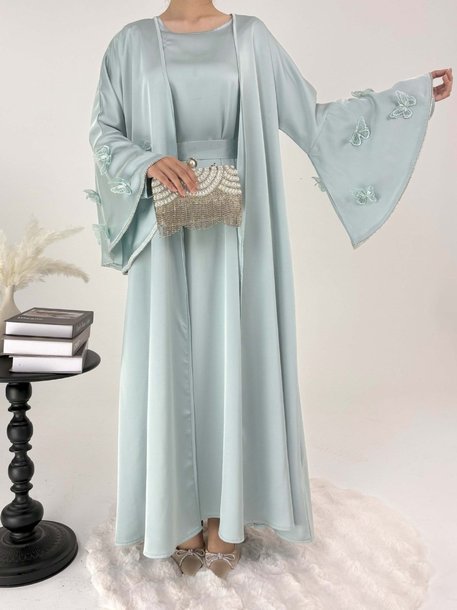 Elegant Satin Abaya, Flared Sleeve Abaya 3 - Piece Set (MOA143) - Mariam's Collection