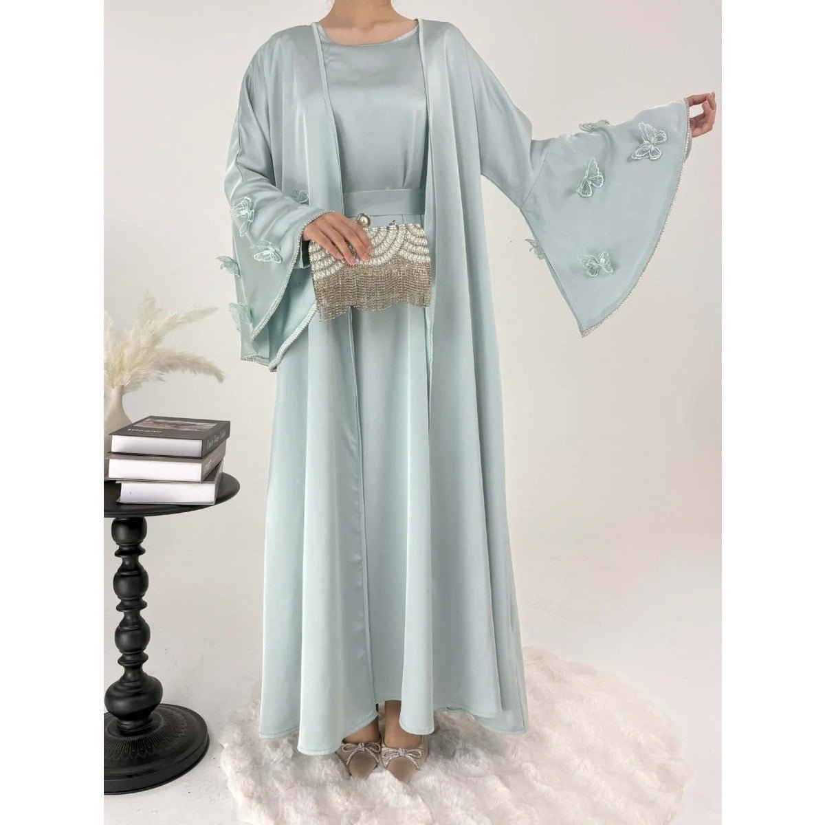 Elegant Satin Abaya, Flared Sleeve Abaya 3 - Piece Set (MOA143) - Mariam's Collection