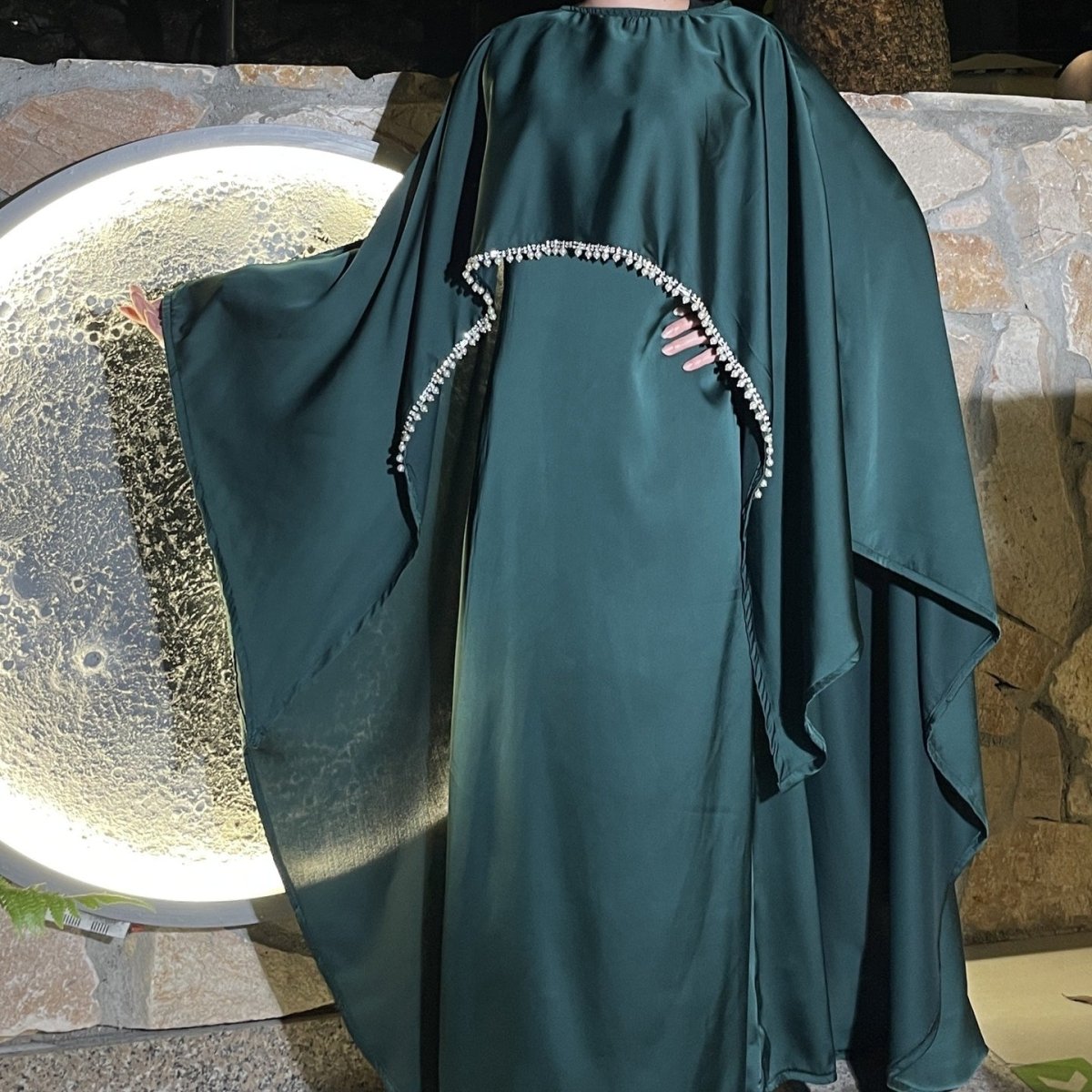 Elegant Satin Abaya with Rhinestone Cape | Luxurious Modest Evening Dress (MA327) - Mariam's Collection