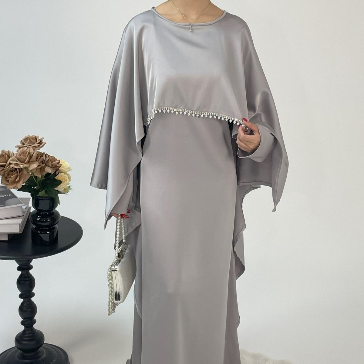 Elegant Satin Abaya with Rhinestone Cape | Luxurious Modest Evening Dress(MA327) - Mariam's Collection