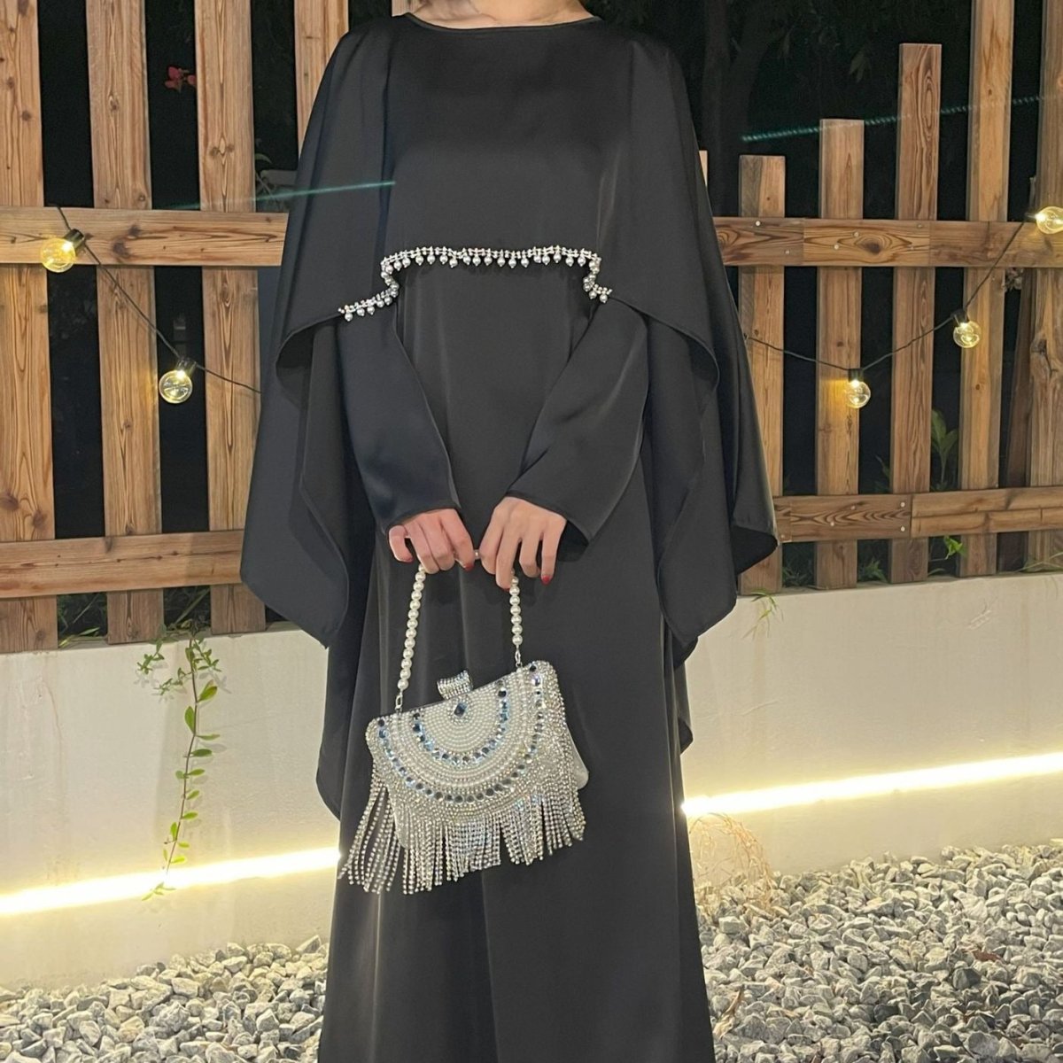 Elegant Satin Abaya with Rhinestone Cape | Luxurious Modest Evening Dress(MA327) - Mariam's Collection