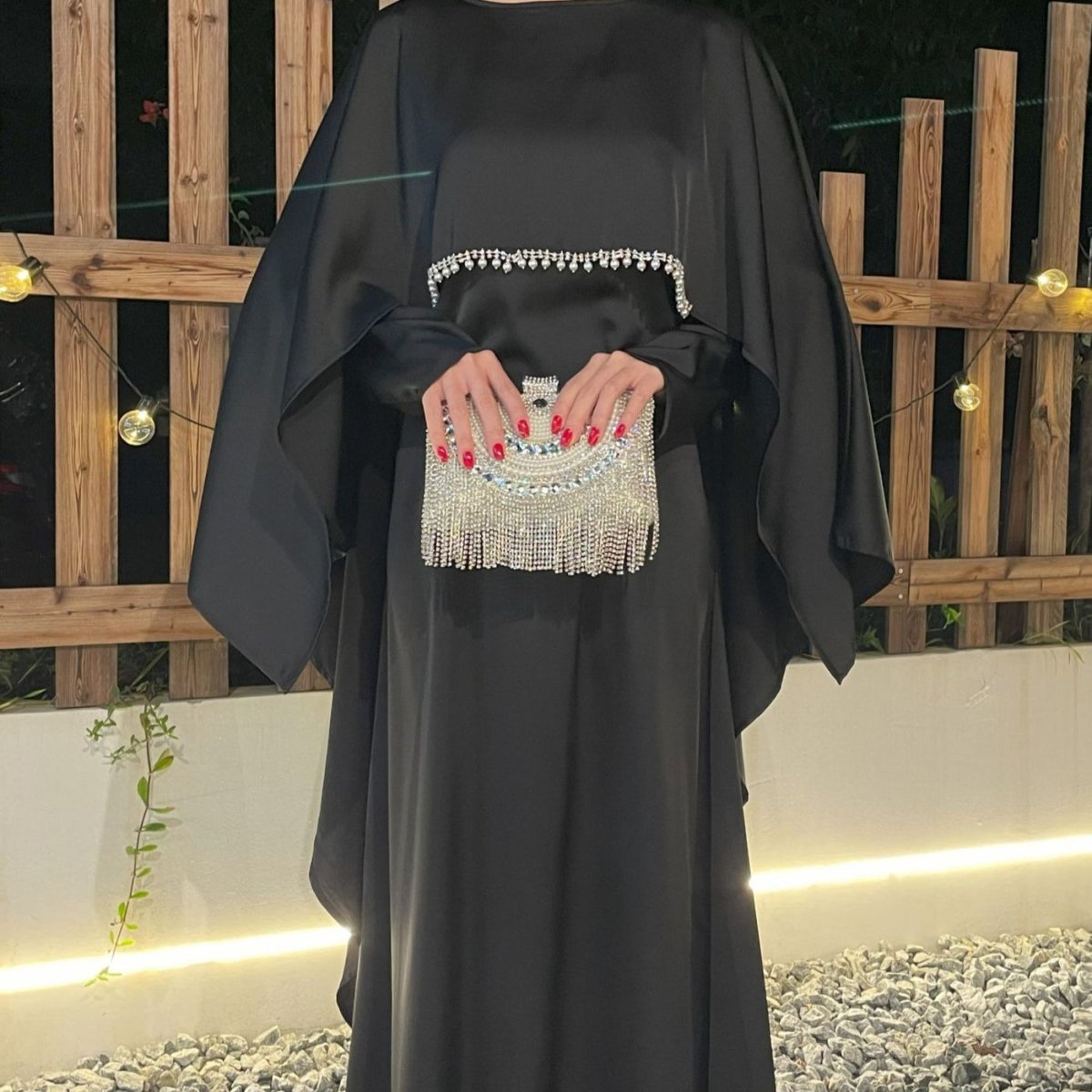 Elegant Satin Abaya with Rhinestone Cape | Luxurious Modest Evening Dress(MA327) - Mariam's Collection