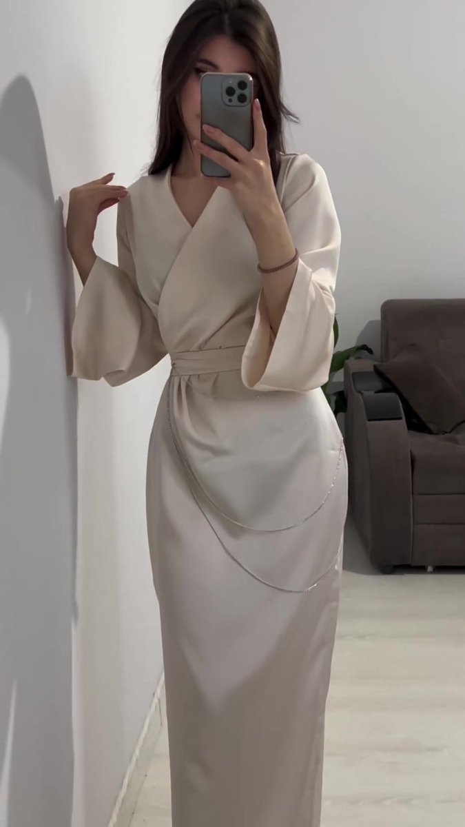 Elegant Satin Maxi Dress Abaya with Waist Chains V - Neck Long Sleeve Solid Color Dresses. (MA204) - Mariam's Collection