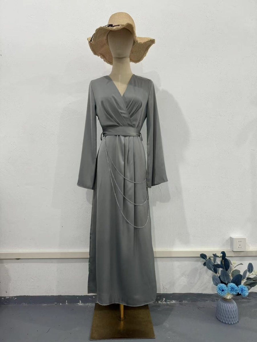 Elegant Satin Maxi Dress Abaya with Waist Chains V - Neck Long Sleeve Solid Color Dresses. (MA204) - Mariam's Collection