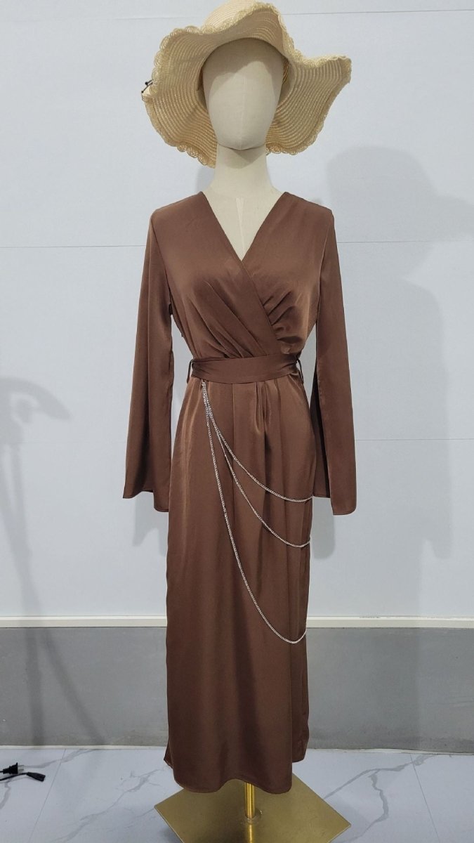 Elegant Satin Maxi Dress Abaya with Waist Chains V - Neck Long Sleeve Solid Color Dresses. (MA204) - Mariam's Collection