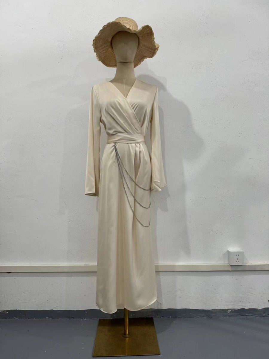 Elegant Satin Maxi Dress Abaya with Waist Chains V - Neck Long Sleeve Solid Color Dresses. (MA204) - Mariam's Collection