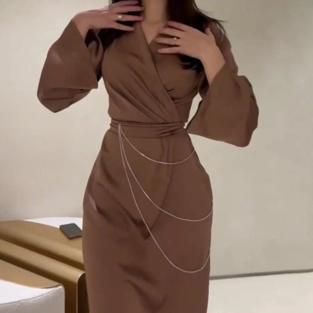 Elegant Satin Maxi Dress Abaya with Waist Chains V - Neck Long Sleeve Solid Color Dresses(MA204) - Mariam's Collection