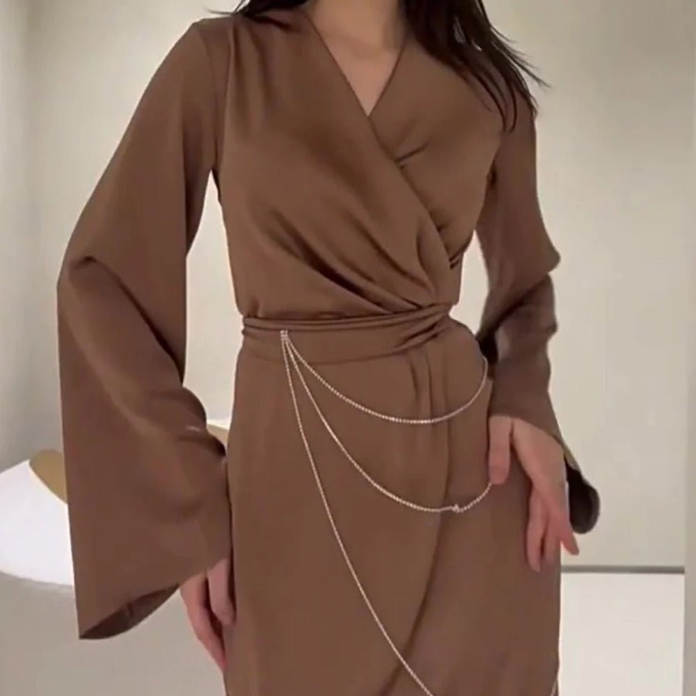Elegant Satin Maxi Dress Abaya with Waist Chains V - Neck Long Sleeve Solid Color Dresses(MA204) - Mariam's Collection