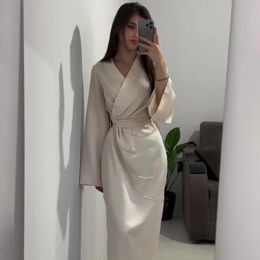 Elegant Satin Maxi Dress Abaya with Waist Chains V - Neck Long Sleeve Solid Color Dresses(MA204) - Mariam's Collection
