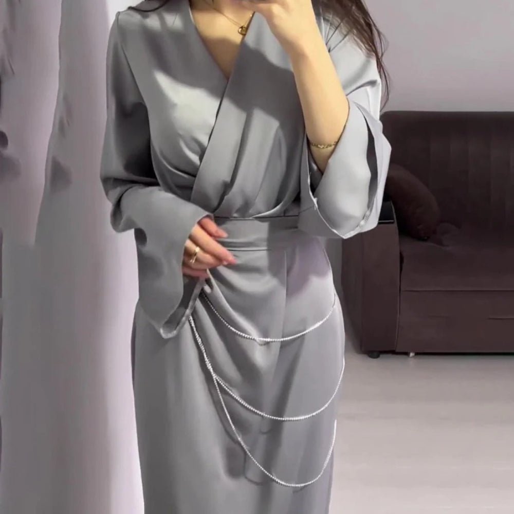 Elegant Satin Maxi Dress Abaya with Waist Chains V - Neck Long Sleeve Solid Color Dresses(MA204) - Mariam's Collection