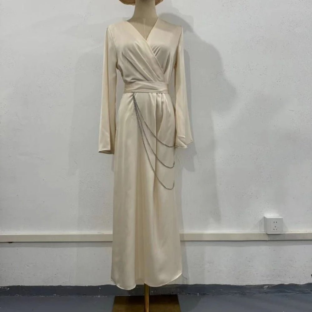 Elegant Satin Maxi Dress Abaya with Waist Chains V - Neck Long Sleeve Solid Color Dresses(MA204) - Mariam's Collection