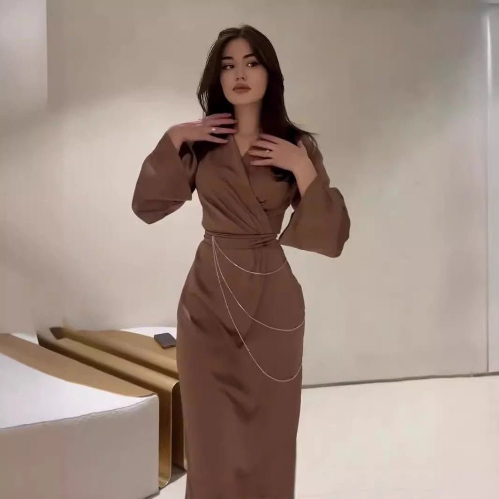 Elegant Satin Maxi Dress Abaya with Waist Chains V - Neck Long Sleeve Solid Color Dresses(MA204) - Mariam's Collection