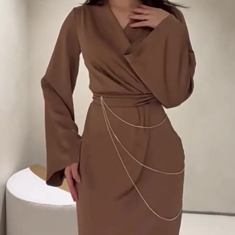 Elegant Satin Maxi Dress Abaya with Waist Chains V - Neck Long Sleeve Solid Color Dresses(MA204) - Mariam's Collection