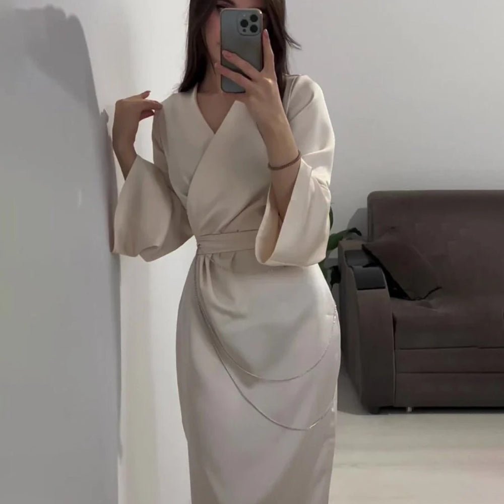 Elegant Satin Maxi Dress Abaya with Waist Chains V - Neck Long Sleeve Solid Color Dresses(MA204) - Mariam's Collection