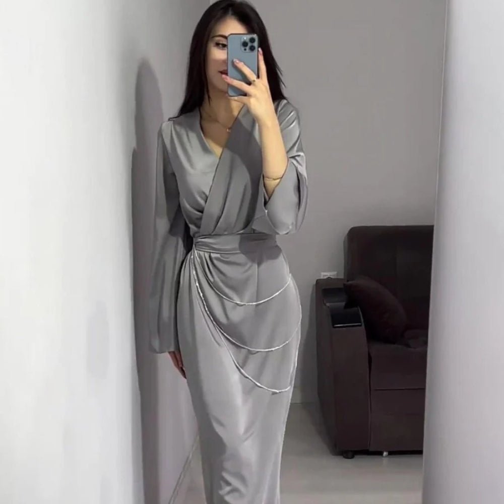 Elegant Satin Maxi Dress Abaya with Waist Chains V - Neck Long Sleeve Solid Color Dresses(MA204) - Mariam's Collection