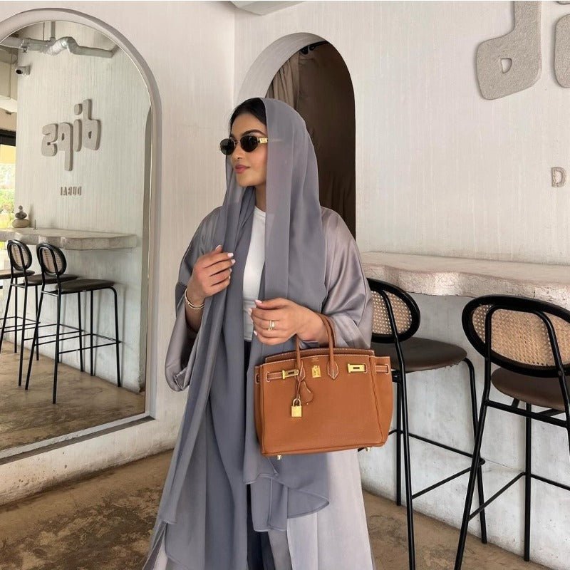 Elegant Satin Open - Front Abaya Robe | Solid Color Modest Dress with Flowy Bell Sleeves(MOA219) - Mariam's Collection