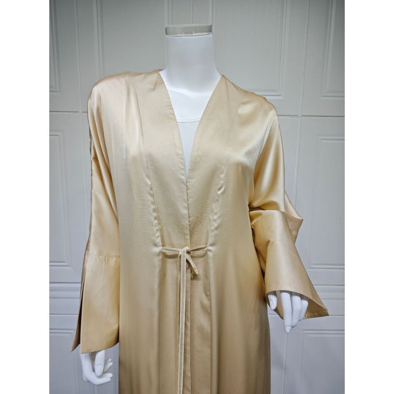 Elegant Satin Open - Front Abaya Robe | Solid Color Modest Dress with Flowy Bell Sleeves(MOA219) - Mariam's Collection