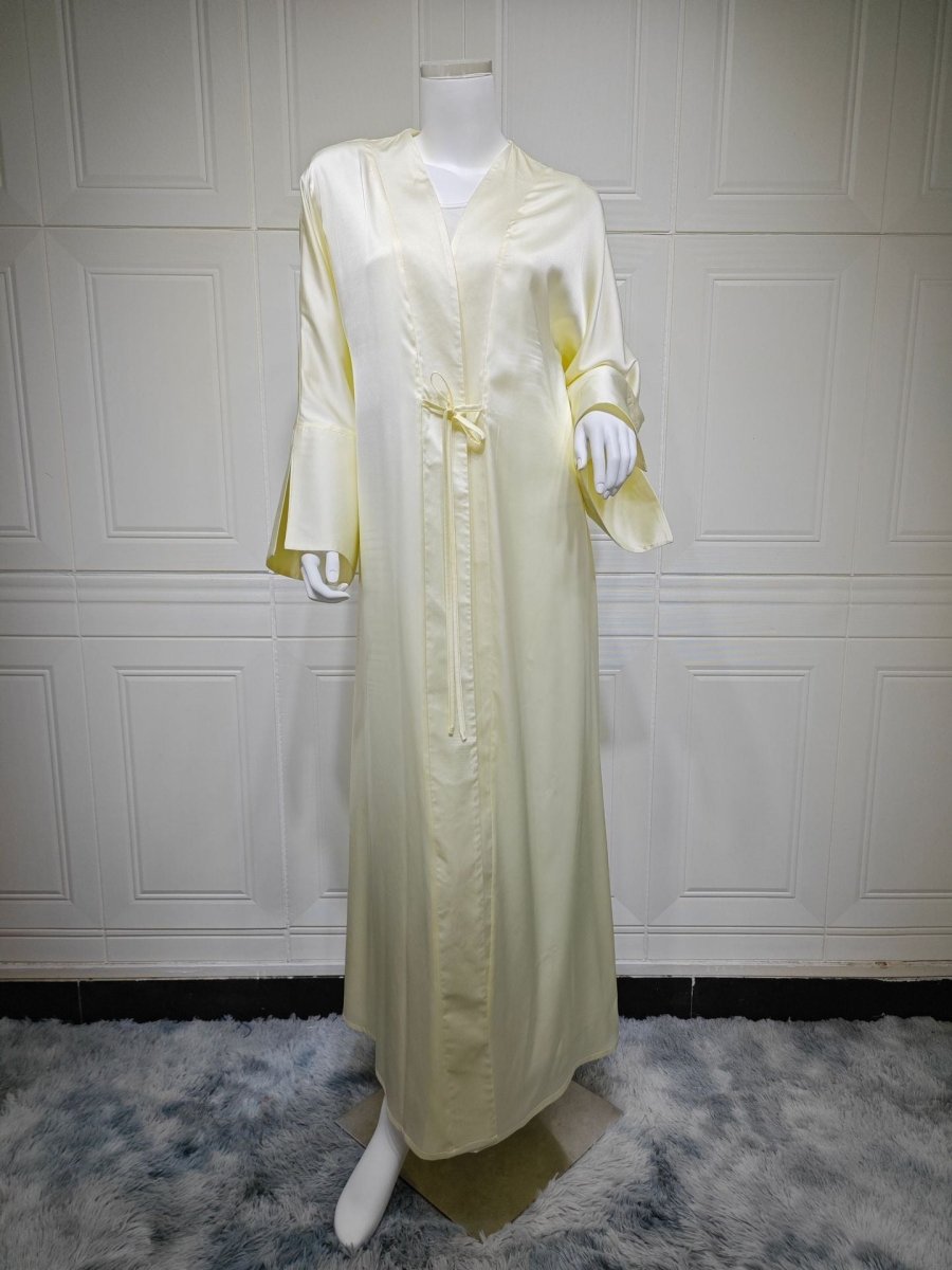 Elegant Satin Open - Front Abaya Robe | Solid Color Modest Dress with Flowy Bell Sleeves(MOA219) - Mariam's Collection
