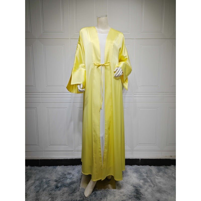 Elegant Satin Open - Front Abaya Robe | Solid Color Modest Dress with Flowy Bell Sleeves(MOA219) - Mariam's Collection