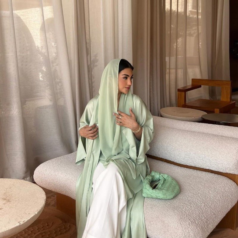 Elegant Satin Open - Front Abaya Robe | Solid Color Modest Dress with Flowy Bell Sleeves(MOA219) - Mariam's Collection