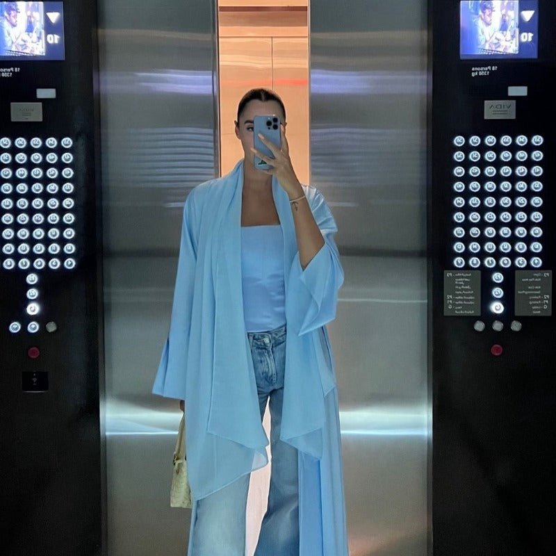 Elegant Satin Open - Front Abaya Robe | Solid Color Modest Dress with Flowy Bell Sleeves(MOA219) - Mariam's Collection