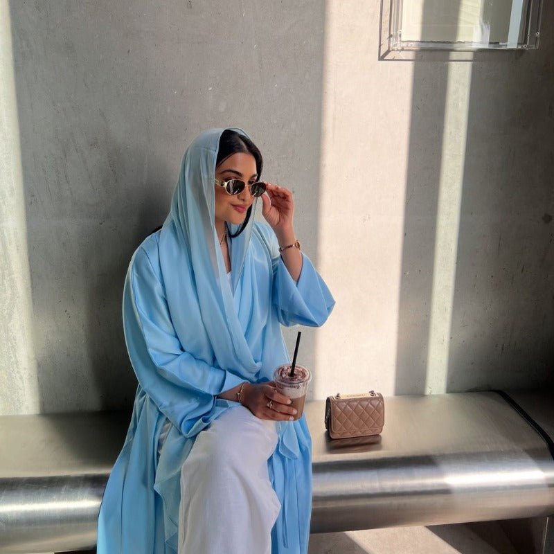 Elegant Satin Open - Front Abaya Robe | Solid Color Modest Dress with Flowy Bell Sleeves(MOA219) - Mariam's Collection