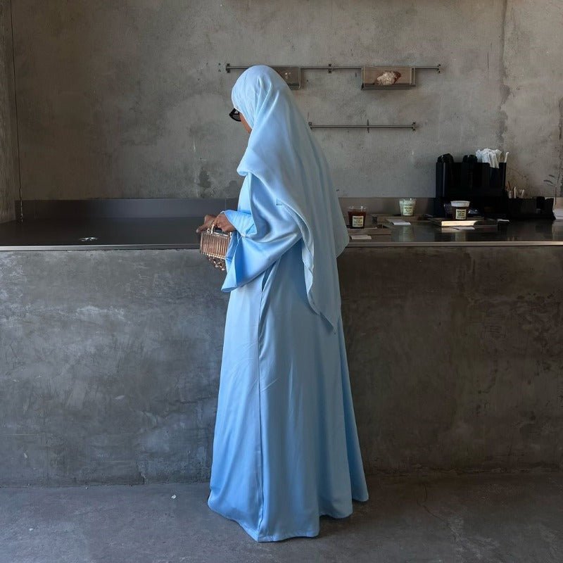 Elegant Satin Open - Front Abaya Robe | Solid Color Modest Dress with Flowy Bell Sleeves(MOA219) - Mariam's Collection