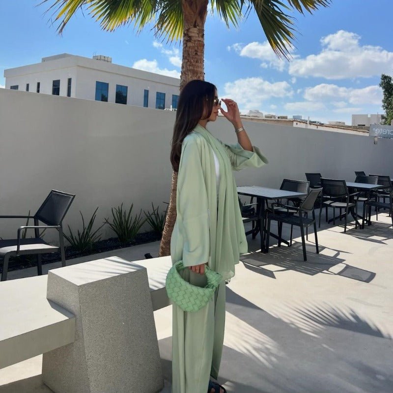 Elegant Satin Open - Front Abaya Robe | Solid Color Modest Dress with Flowy Bell Sleeves(MOA219) - Mariam's Collection