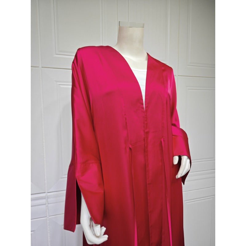 Elegant Satin Open - Front Abaya Robe | Solid Color Modest Dress with Flowy Bell Sleeves(MOA219) - Mariam's Collection