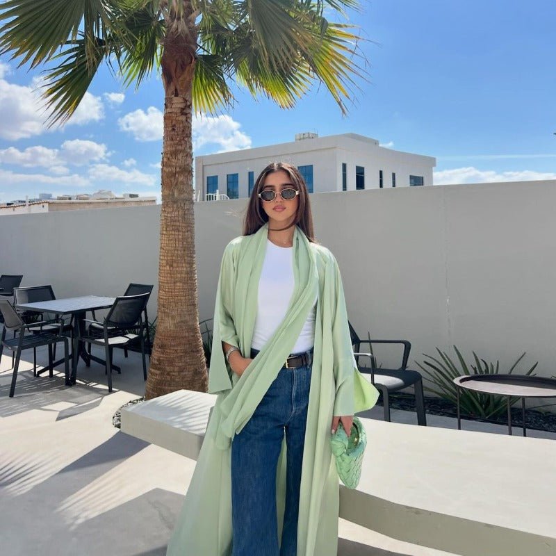 Elegant Satin Open - Front Abaya Robe | Solid Color Modest Dress with Flowy Bell Sleeves(MOA219) - Mariam's Collection