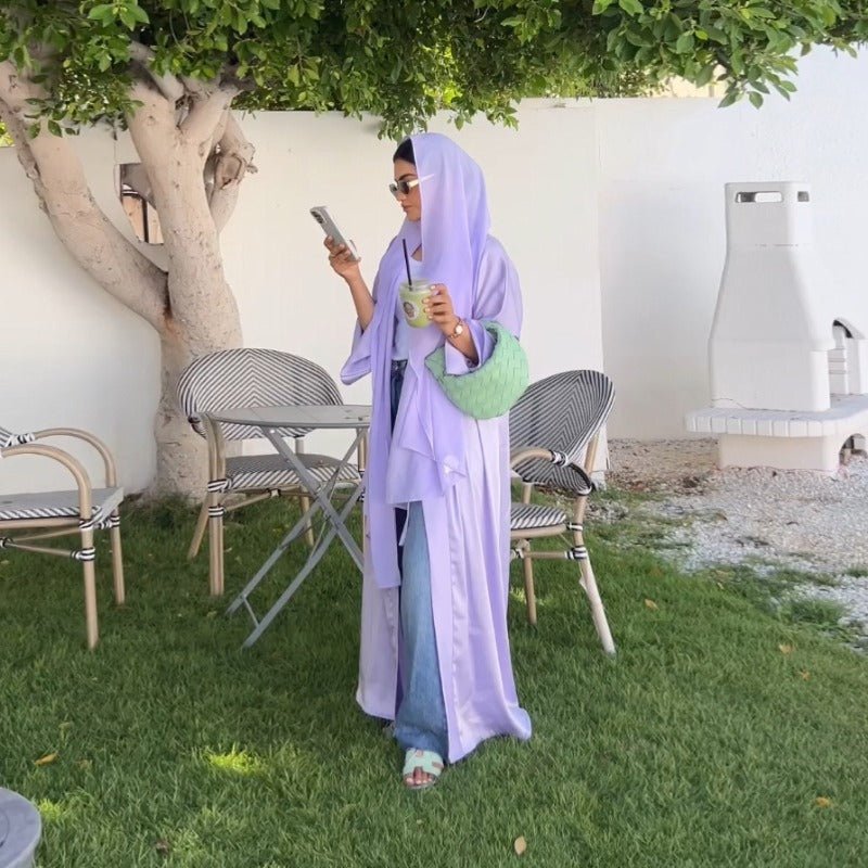 Elegant Satin Open - Front Abaya Robe | Solid Color Modest Dress with Flowy Bell Sleeves(MOA219) - Mariam's Collection