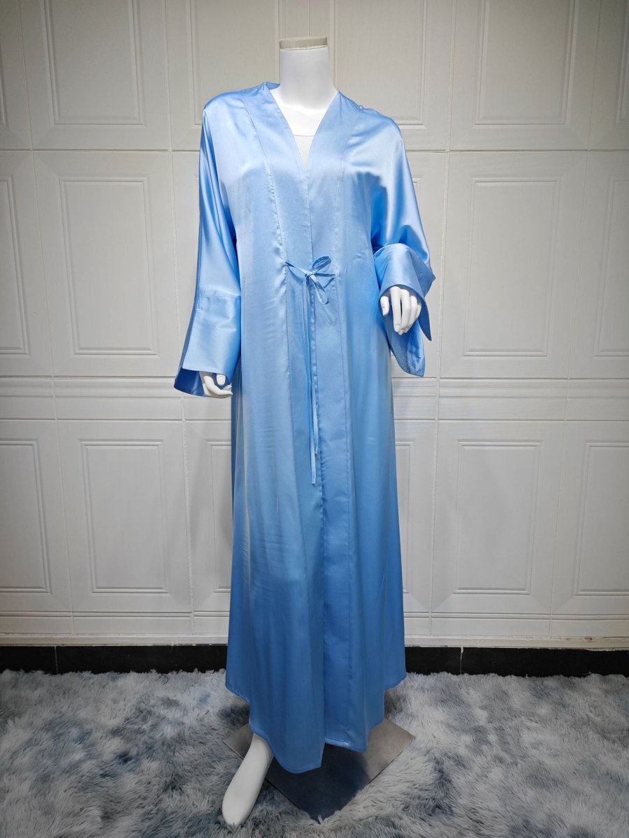 Elegant Satin Open - Front Abaya Robe | Solid Color Modest Dress with Flowy Bell Sleeves(MOA219) - Mariam's Collection