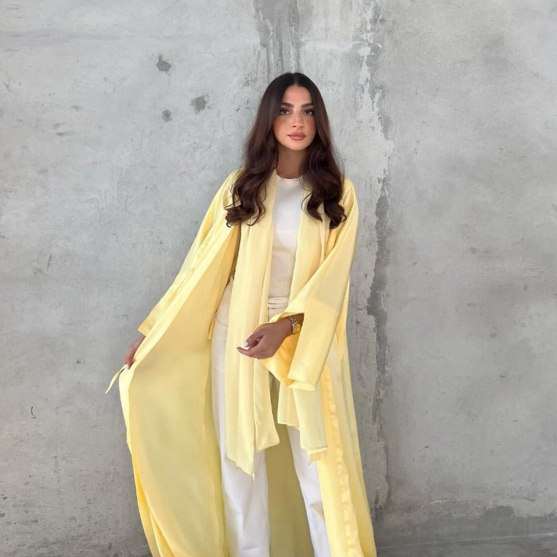 Elegant Satin Open - Front Abaya Robe | Solid Color Modest Dress with Flowy Bell Sleeves(MOA219) - Mariam's Collection