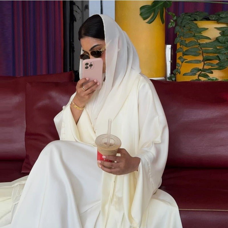 Elegant Satin Open - Front Abaya Robe | Solid Color Modest Dress with Flowy Bell Sleeves(MOA219) - Mariam's Collection