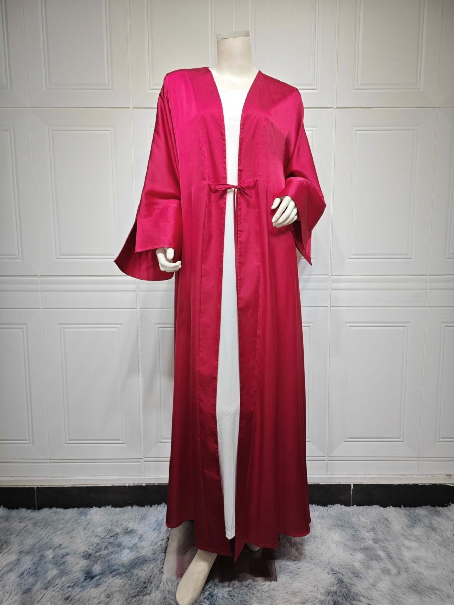 Elegant Satin Open - Front Abaya Robe | Solid Color Modest Dress with Flowy Bell Sleeves(MOA219) - Mariam's Collection