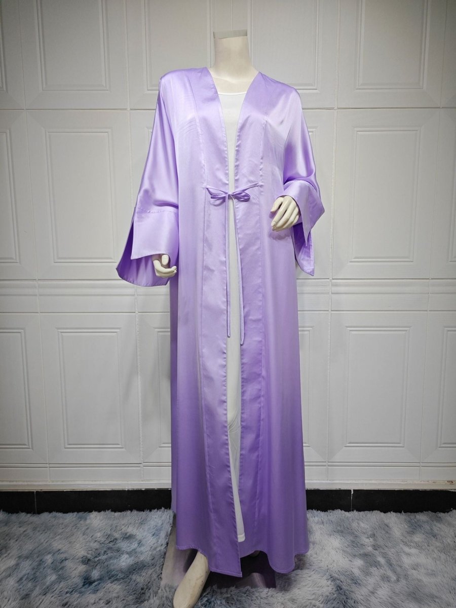Elegant Satin Open - Front Abaya Robe | Solid Color Modest Dress with Flowy Bell Sleeves(MOA219) - Mariam's Collection