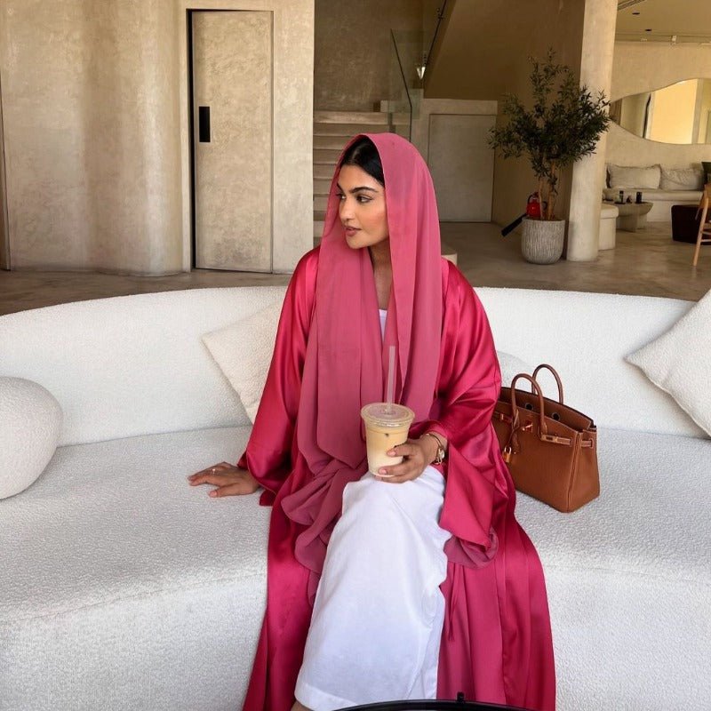 Elegant Satin Open - Front Abaya Robe | Solid Color Modest Dress with Flowy Bell Sleeves(MOA219) - Mariam's Collection