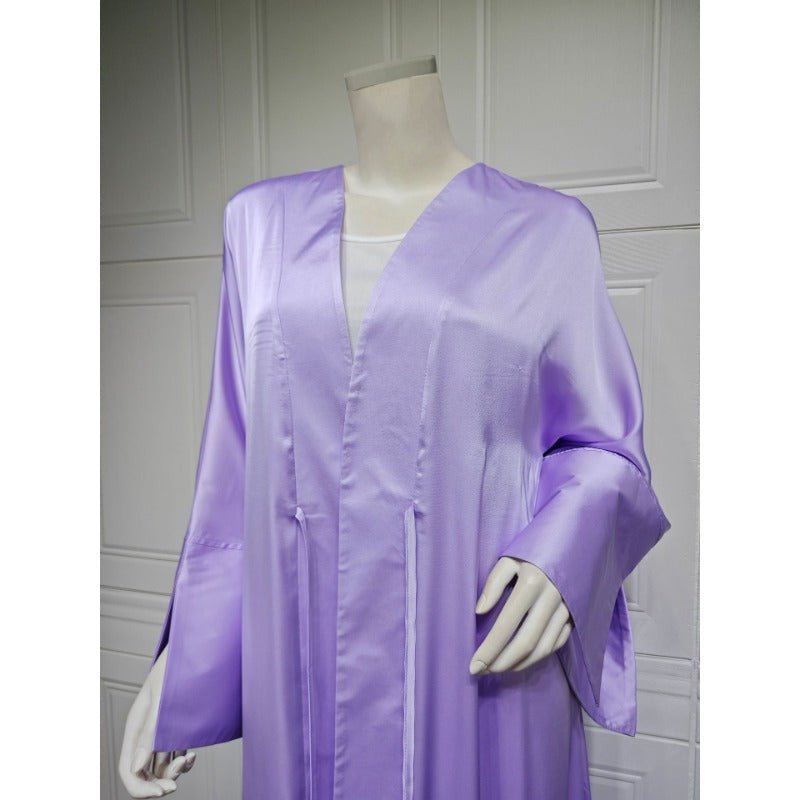 Elegant Satin Open - Front Abaya Robe | Solid Color Modest Dress with Flowy Bell Sleeves(MOA219) - Mariam's Collection