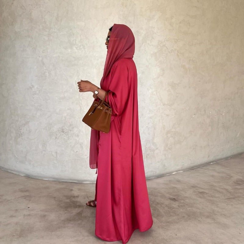 Elegant Satin Open - Front Abaya Robe | Solid Color Modest Dress with Flowy Bell Sleeves(MOA219) - Mariam's Collection